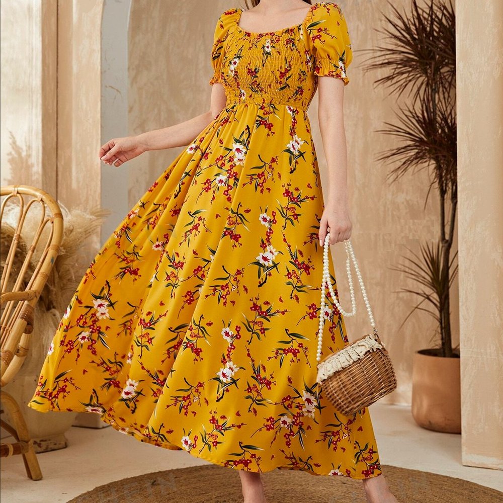 Elegant Floral Floor-Length Dress in Radiant Yellow